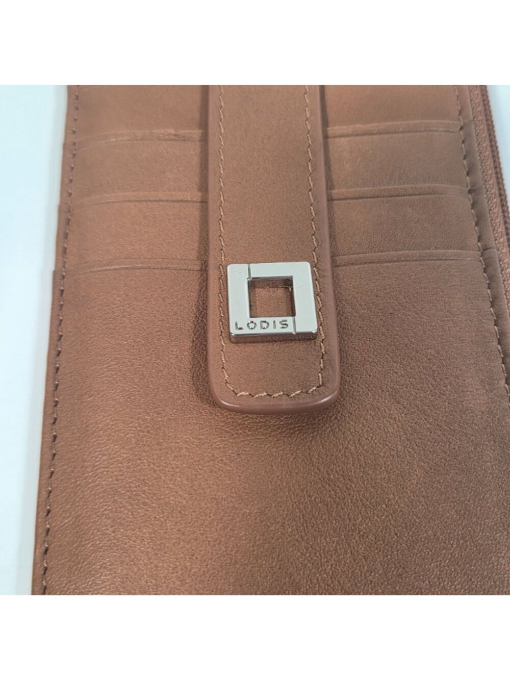 Lodis Julia Long Stacker Brown Leather Wallet Card Holder Zip Pocket Minimalist - Picture 3 of 9